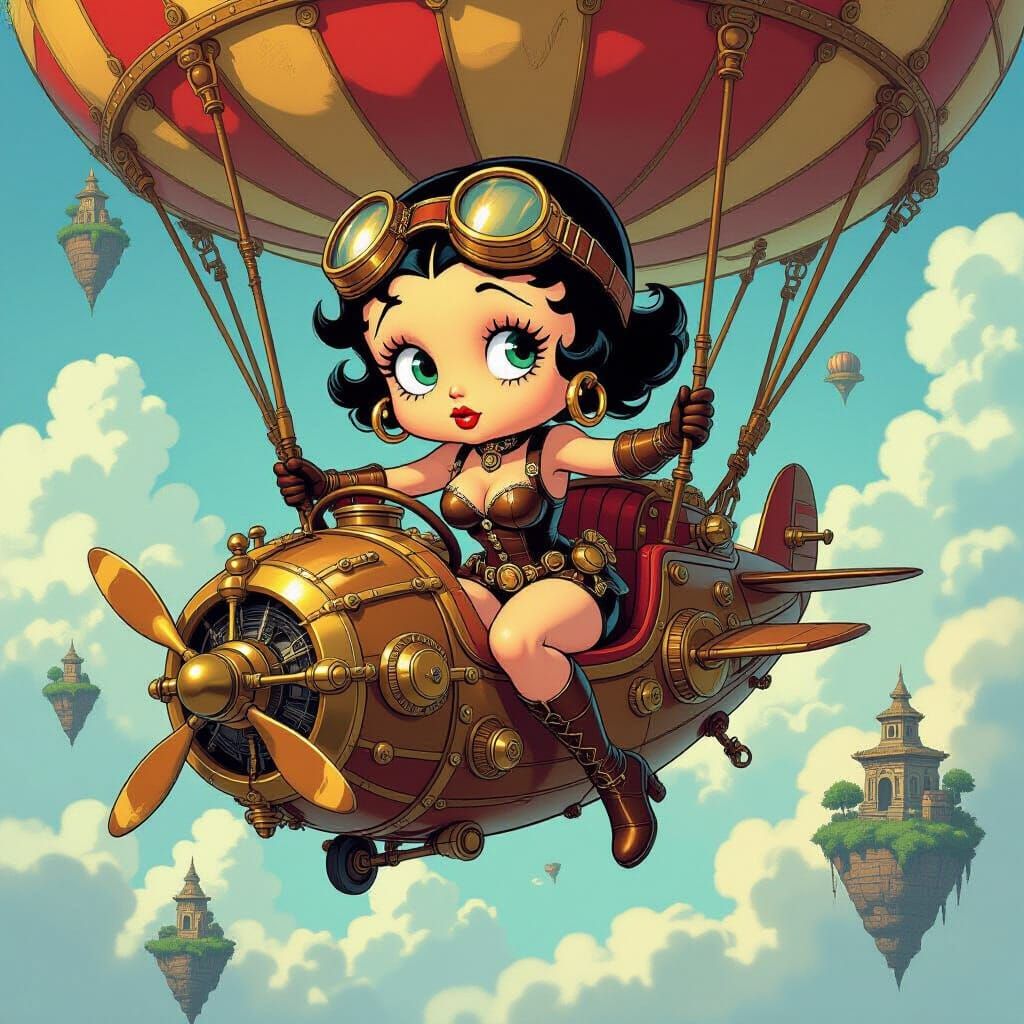 Steampunk Betty Boop Aviator in Fantastical Sky