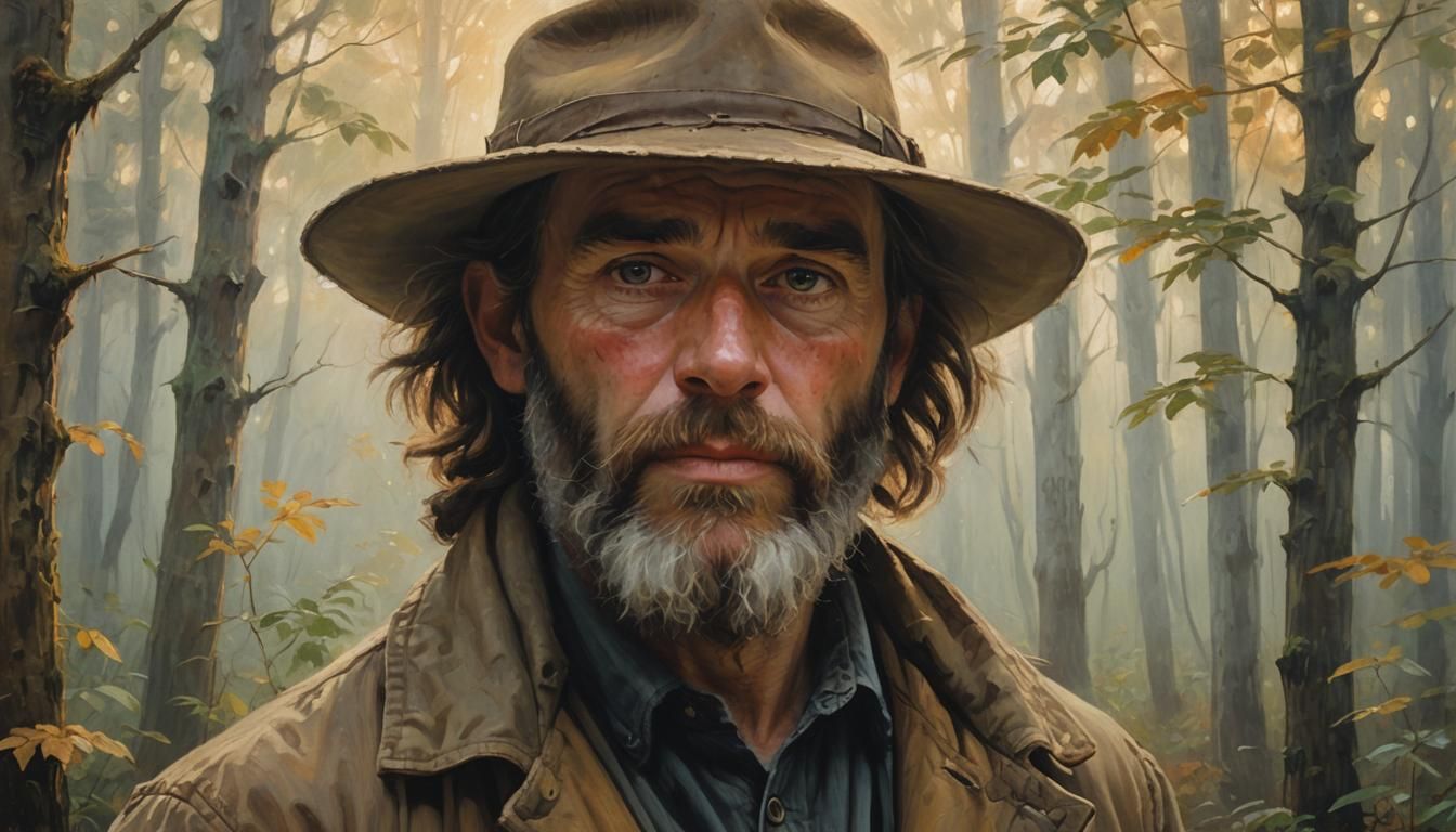 Bearded Man in Misty Forest: Impressionist Oil Painting