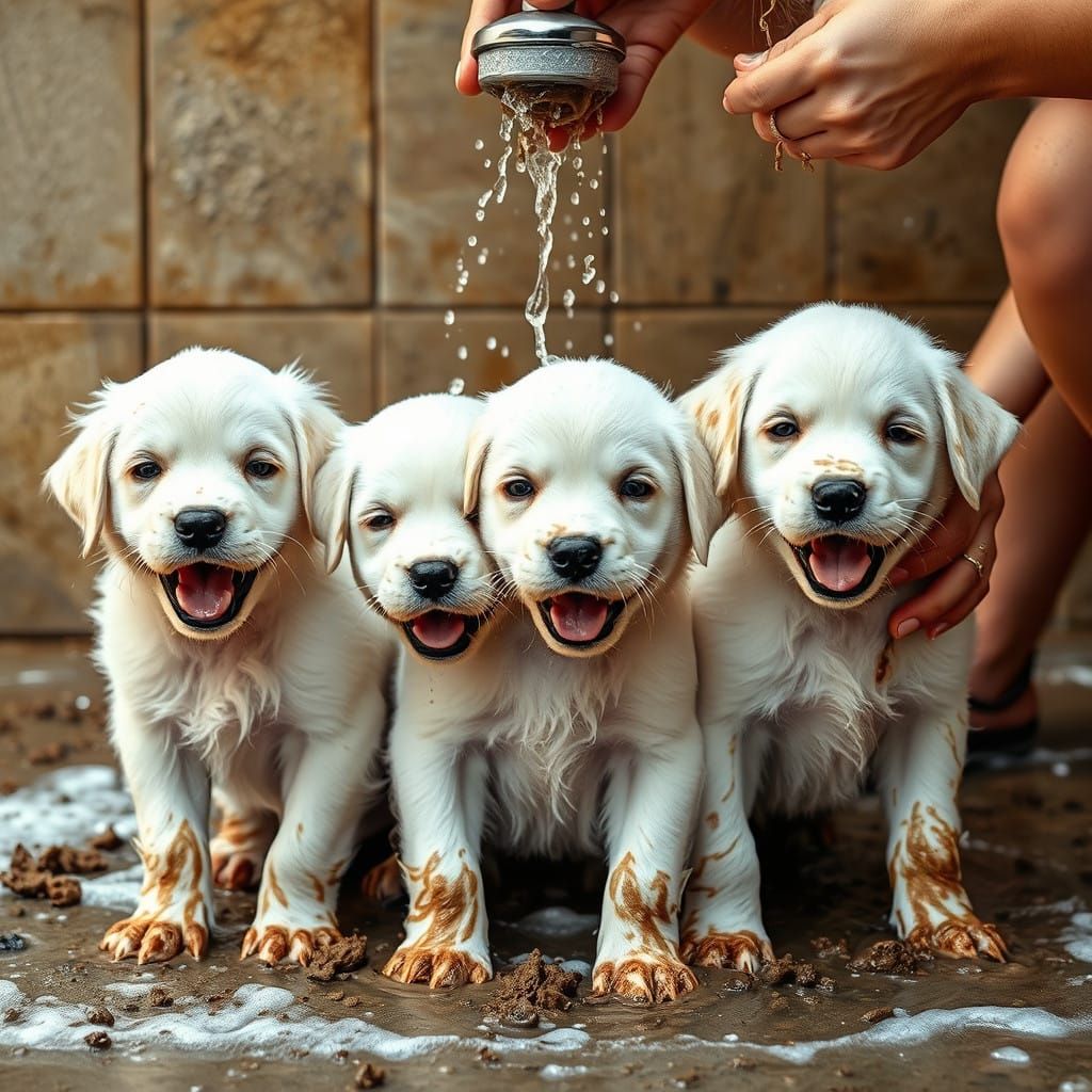 Joyful Canine Bath Time in a Splashy Mess