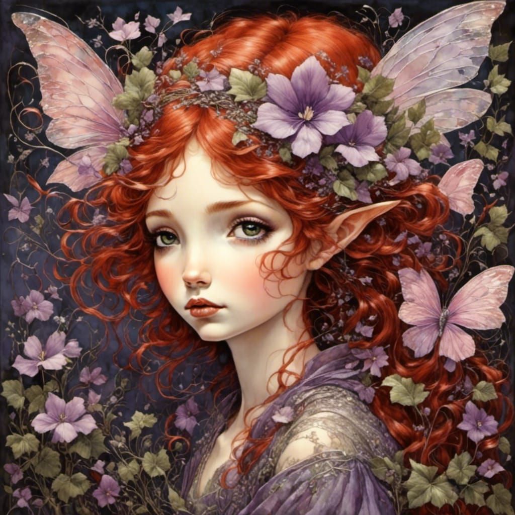 Red-Haired Fairy with Oxalis in Anime Art