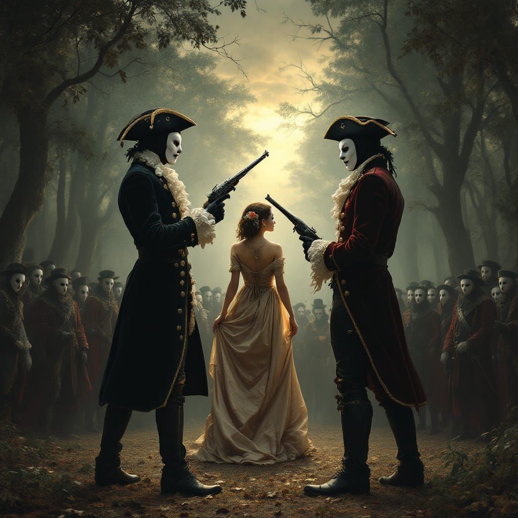 Harlequin Duel at Dawn: A Fragonard-Inspired Scene