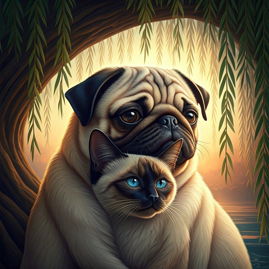 Pug and Siamese Cat Playful Sunset Portrait