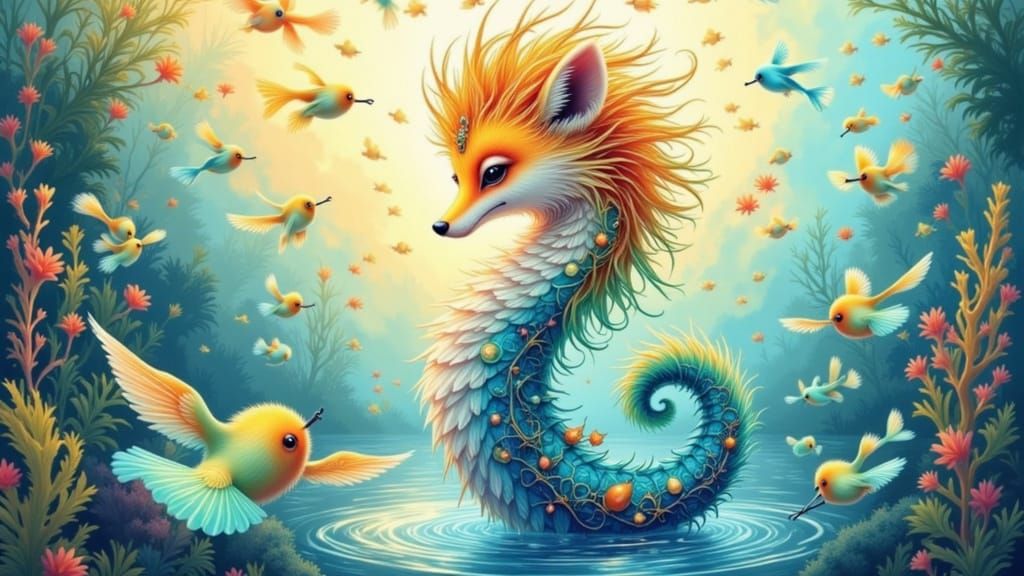 Bioluminescent Birds in Underwater Dreamscape