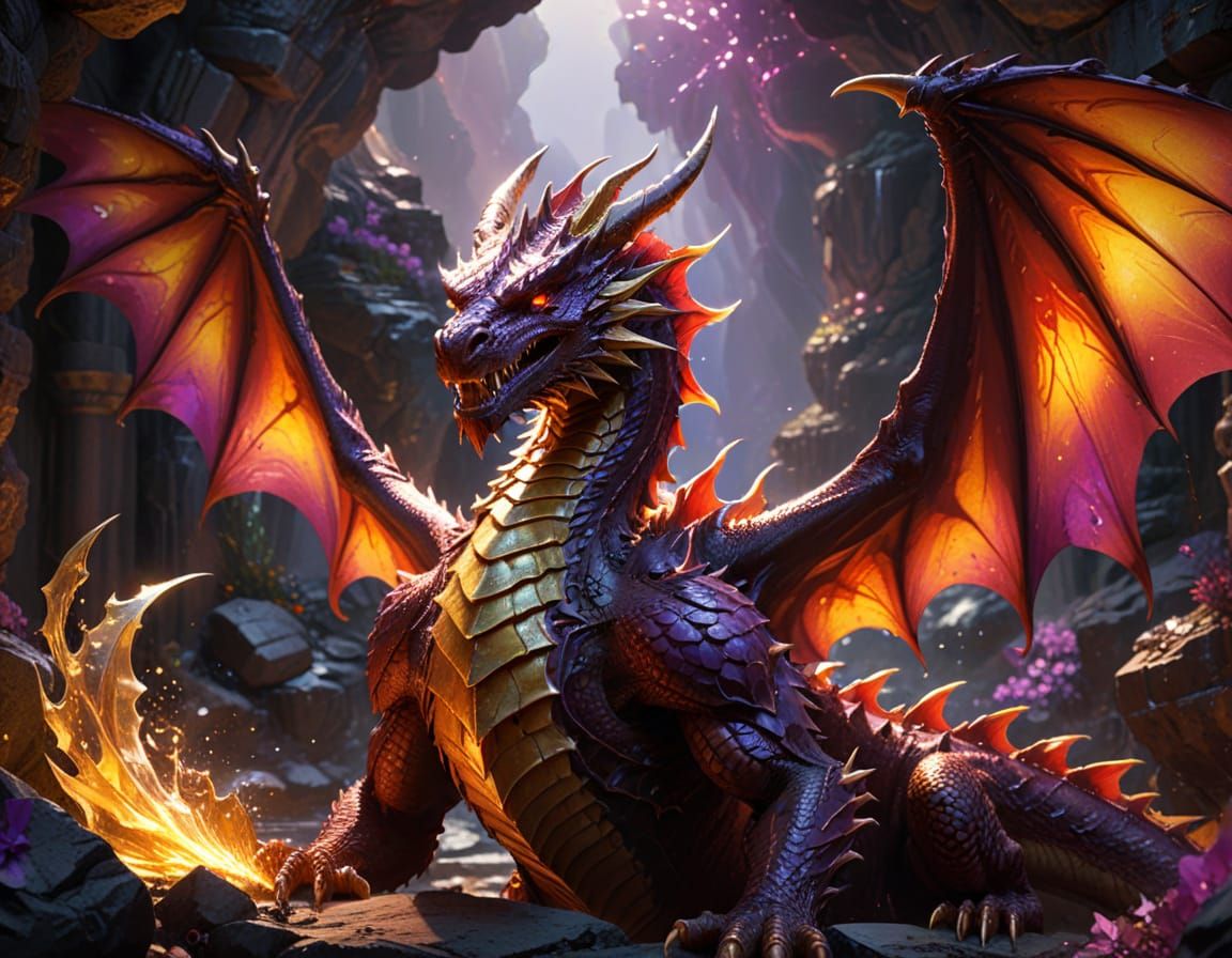 Red Dragon in Sunny Cave: Dark Fantasy Art