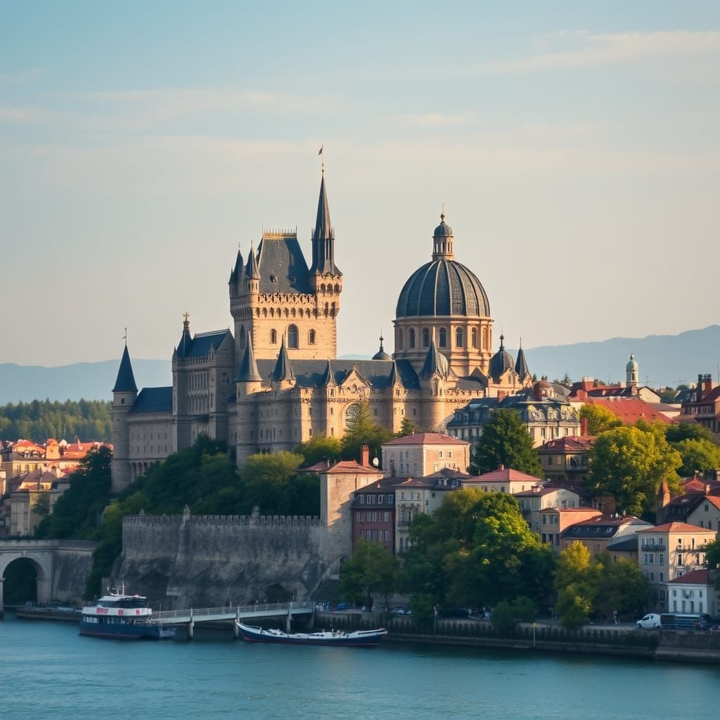 Medieval Castle Beside Shimmering Glass Dome City