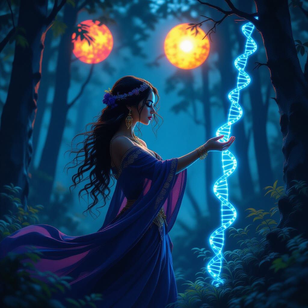 Mystical Forest: Woman Discovering DNA Strand