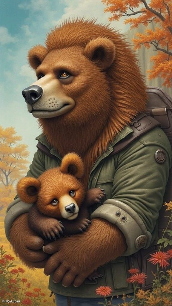 Bear-Man and Cub Oil Painting Illustration