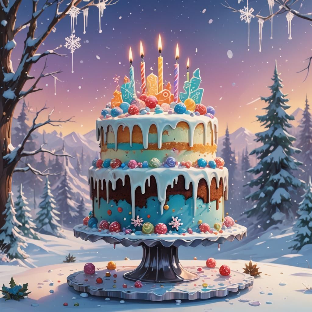 Whimsical Cake in Snowy Landscape, Cartoon Art