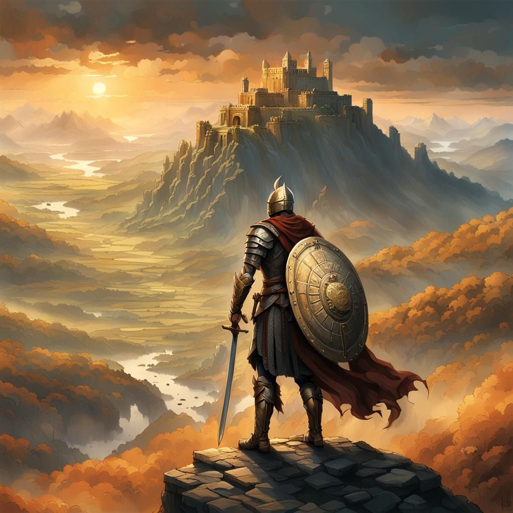 Heroic Warrior Overlooking Fantasy Landscape