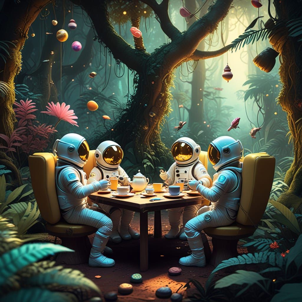 Whimsical Fantasy Astronaut in Rainforest Tea Party