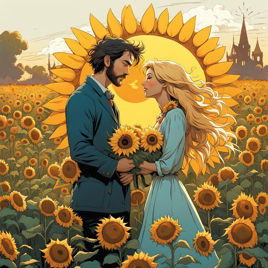 Sunflower Field with Children in Digital Art Style