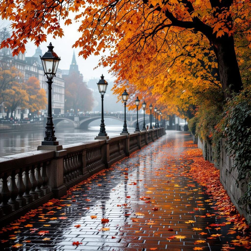 Autumn Riverside Pathway with Vintage Lamps and Reflections