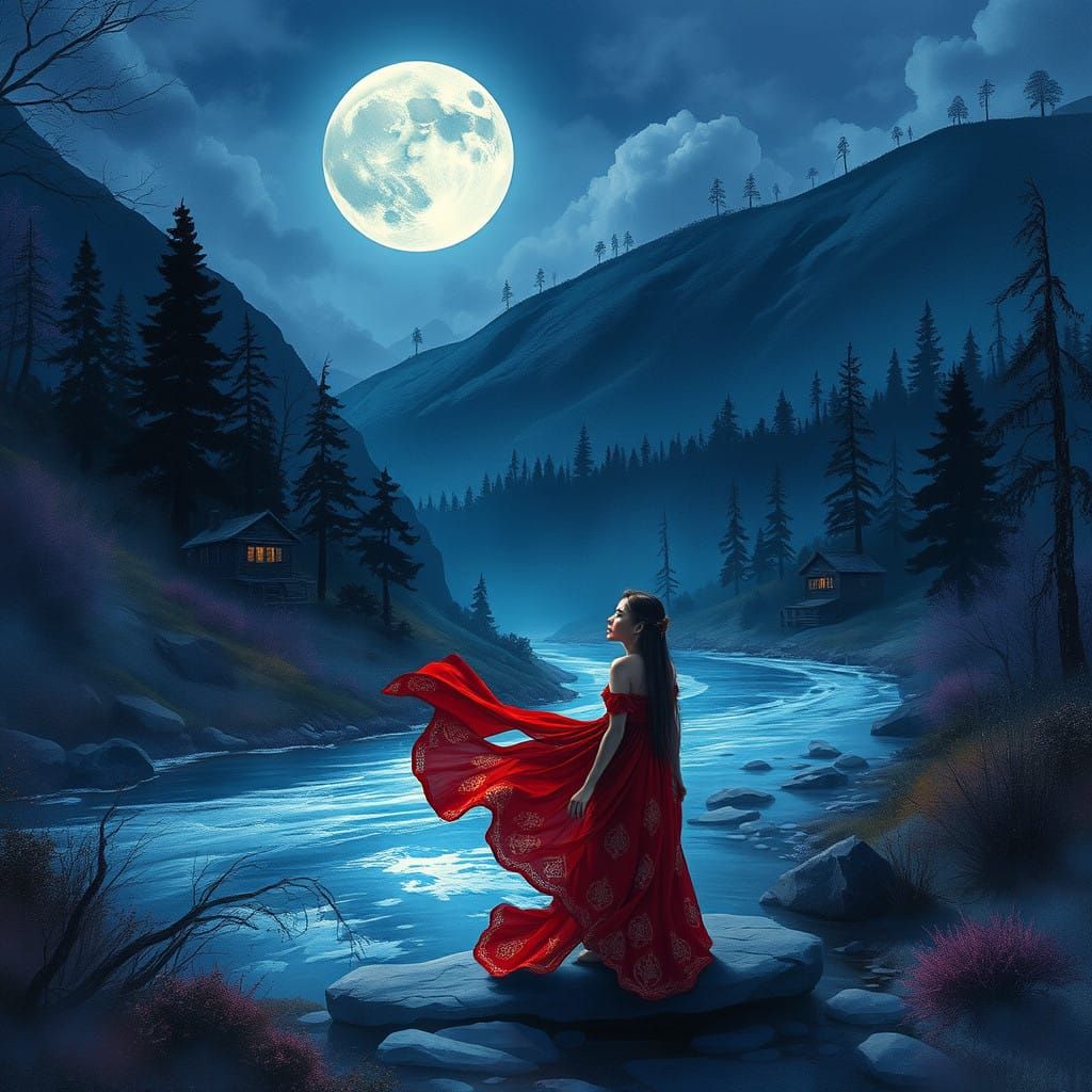Surreal Watercolored Valley at Midnight Under Full Moon