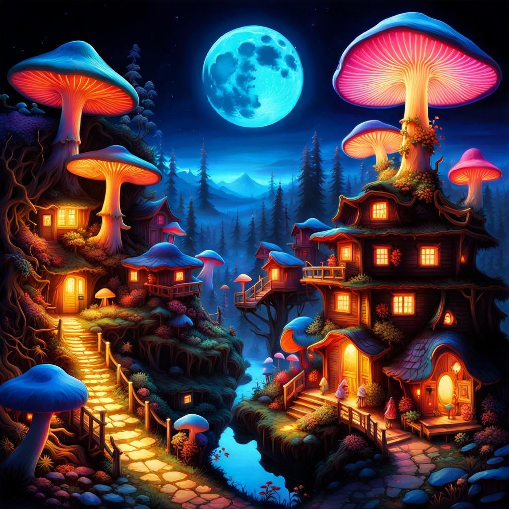 Neon Mushroom Village in Blacklight Psychedelia