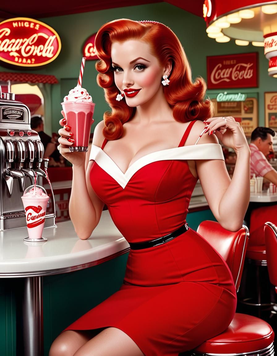 Vintage Pin-Up Girl with Cherry Milkshake