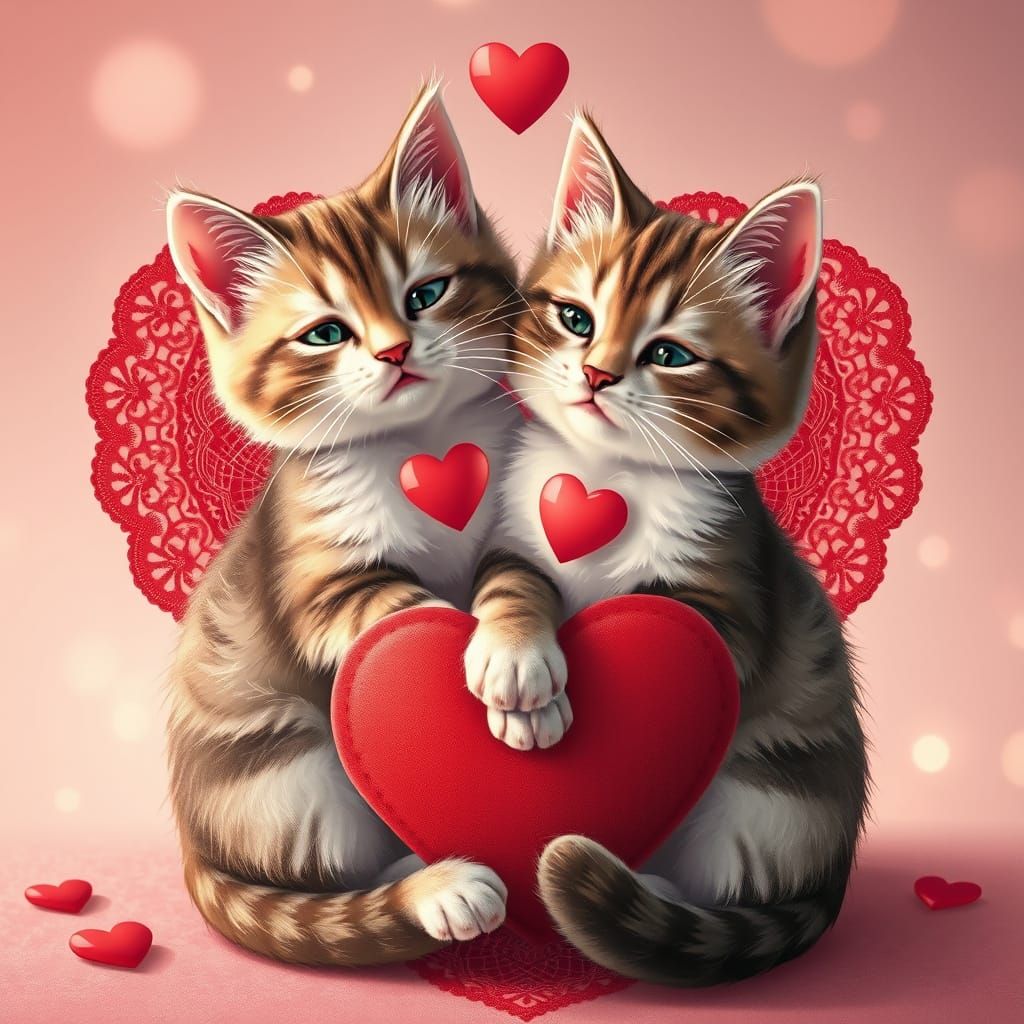 Whimsical Valentine Cats in Vintage Lace