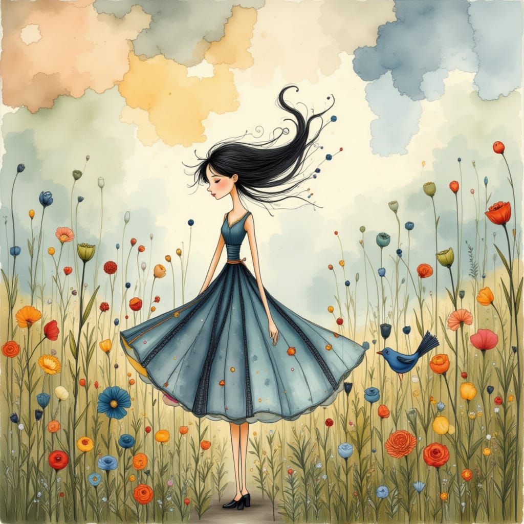 modern fairytale painted on aged paper: exaggerated whimsica...