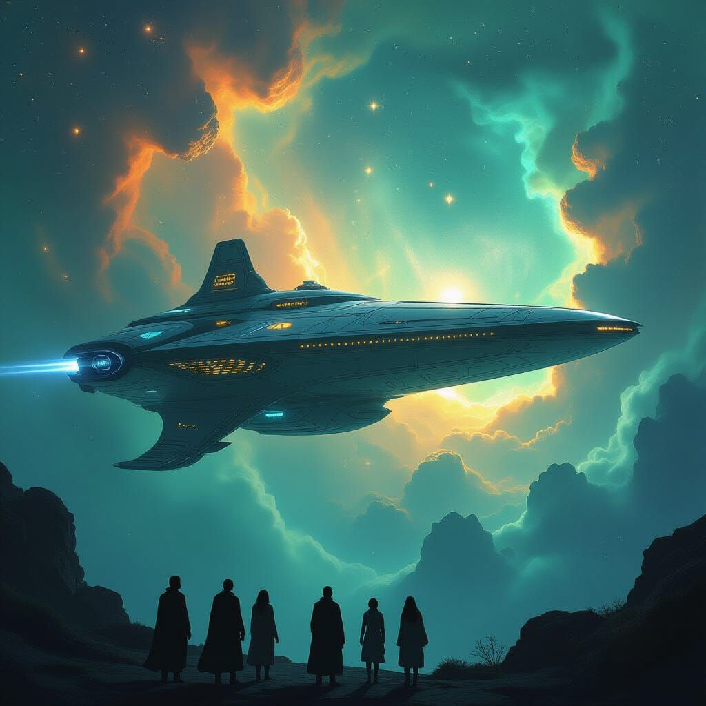 Elven Starship Navigates Emerald Stellar Nursery