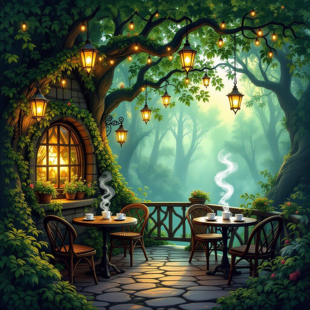 Enchanted Forest Cafe With Glowing Lanterns