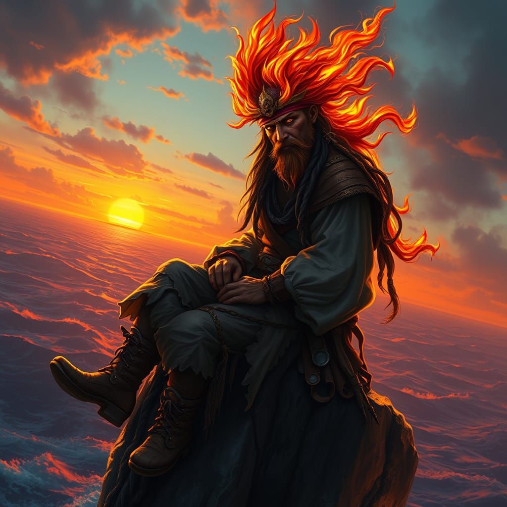 Pirate with Flaming Hair on Rocky Outcrop