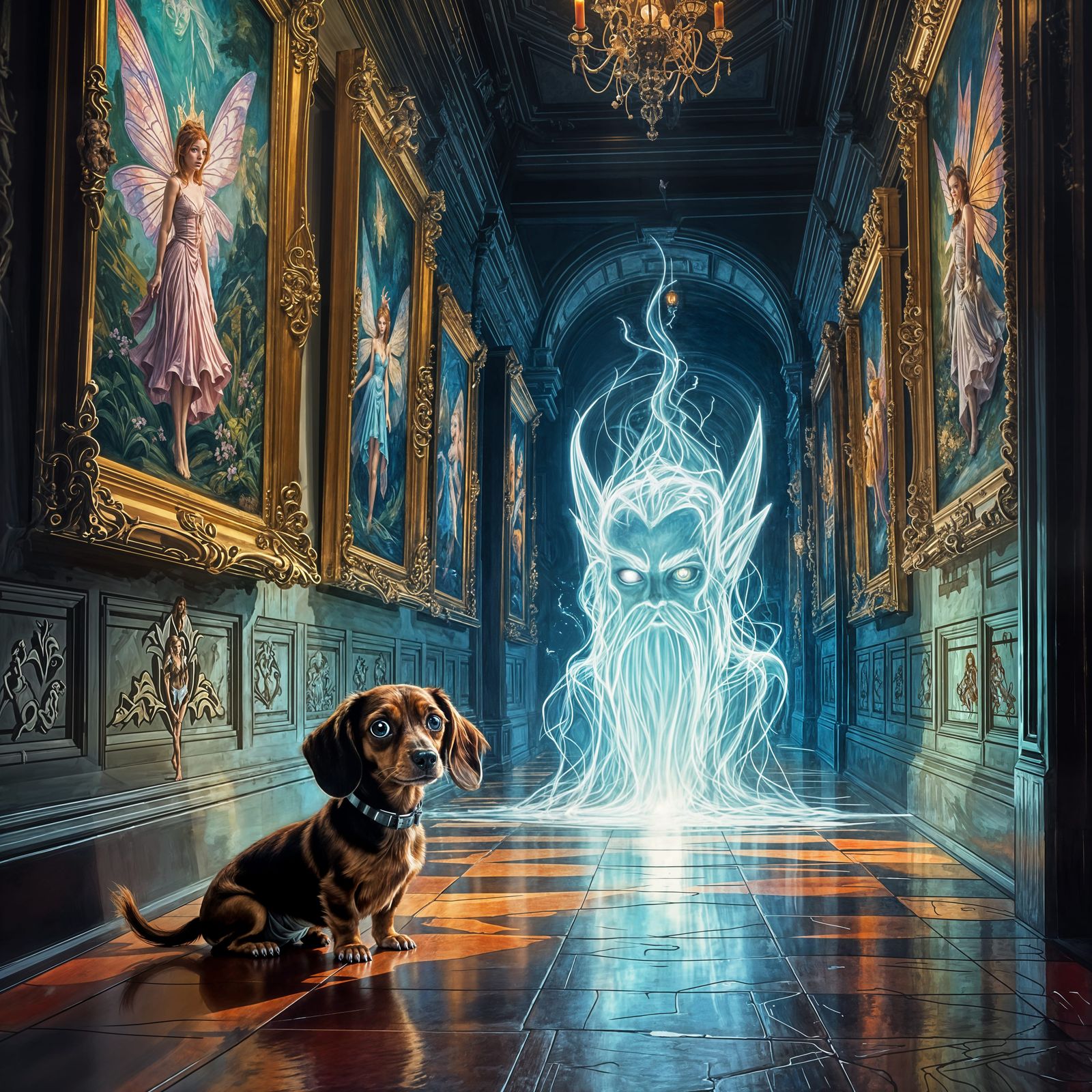 Frightened Dachshund Meets Ghostly Elf in Fairy Hallway