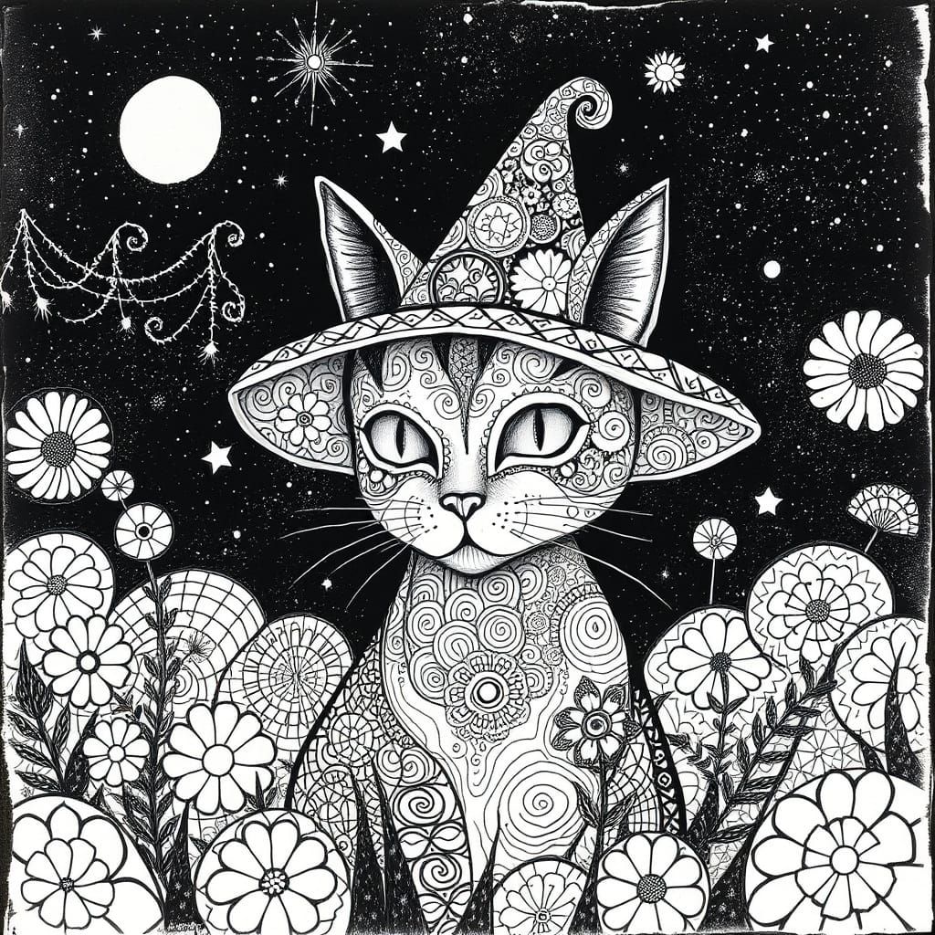 Dreamlike Cat in Whimsical Zentangle Hat, Celestial Landscap...