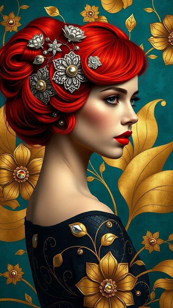 Elegant Art Deco Woman with Vibrant Red Hair and Metallic Ac...