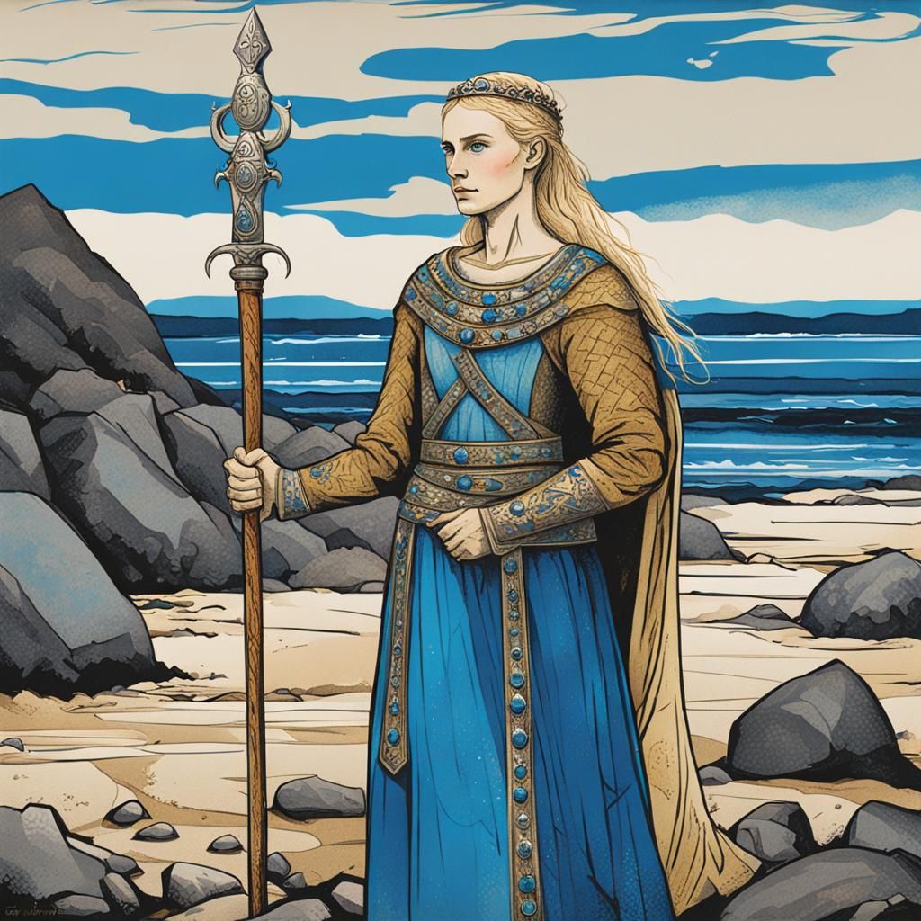 Viking Woman with Sword: Medieval Iconographic Painting