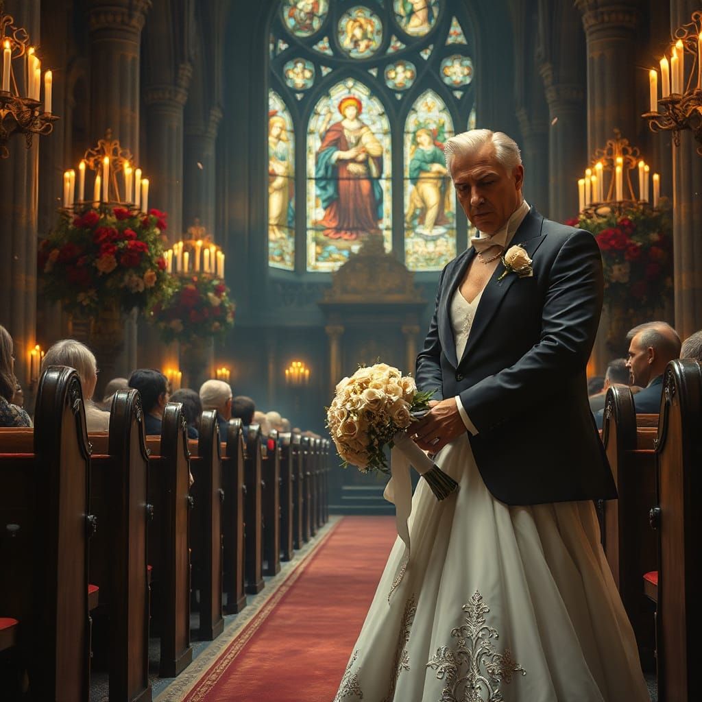 Surreal Dark Fantasy Wedding Scene with Voluptuous Bride and...