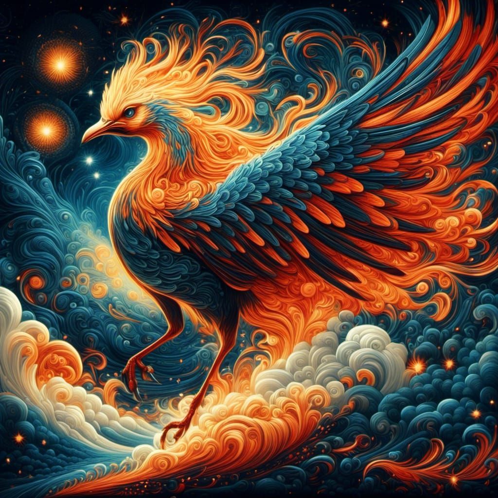Luminous Firebird Rising in Starry Night Sky