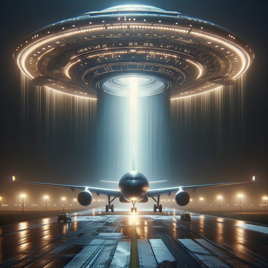 Aircraft Lifted by UFO Beam: Digital Matte Painting