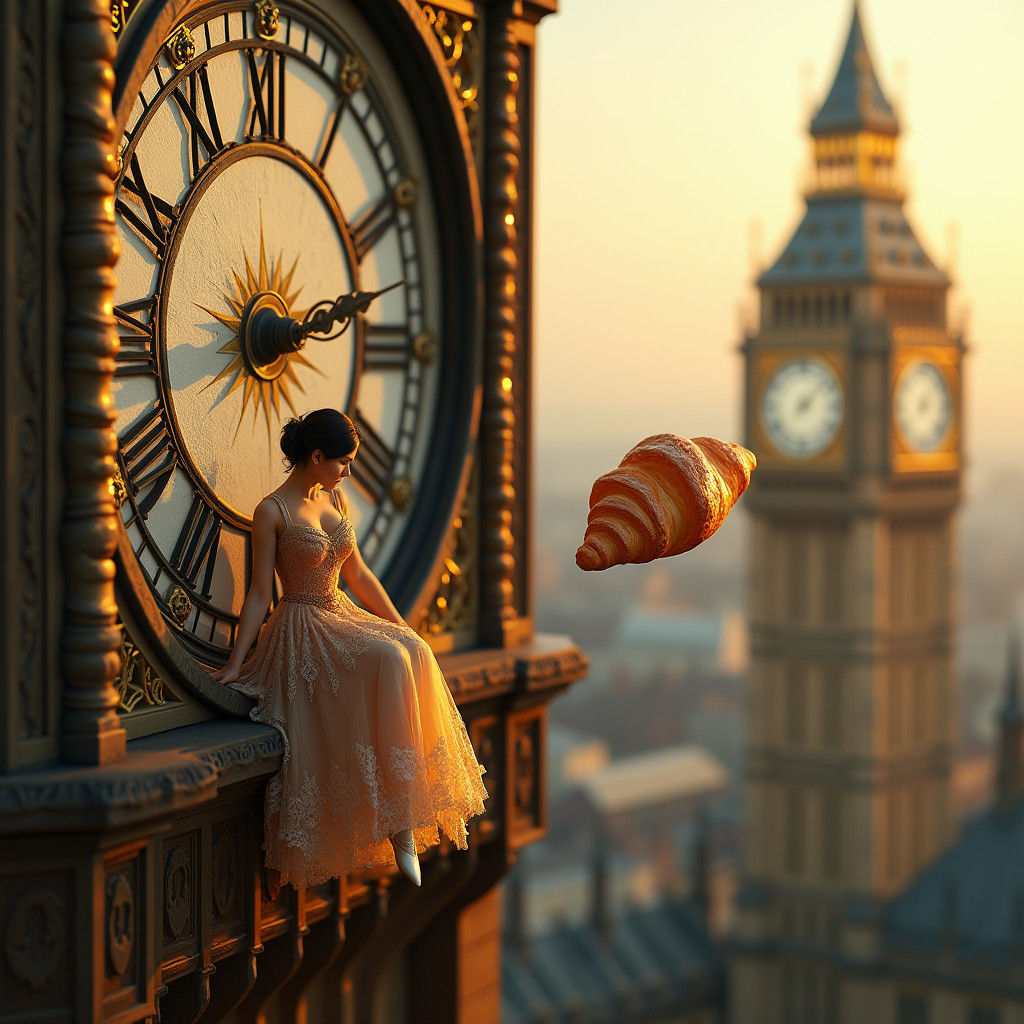 Victorian Woman on Big Ben with Croissant, Hyper-Realistic