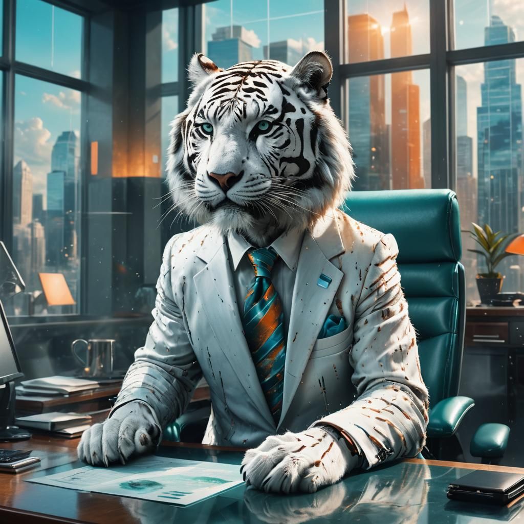 White Tiger CEO in High-Tech Office: Matte Painting
