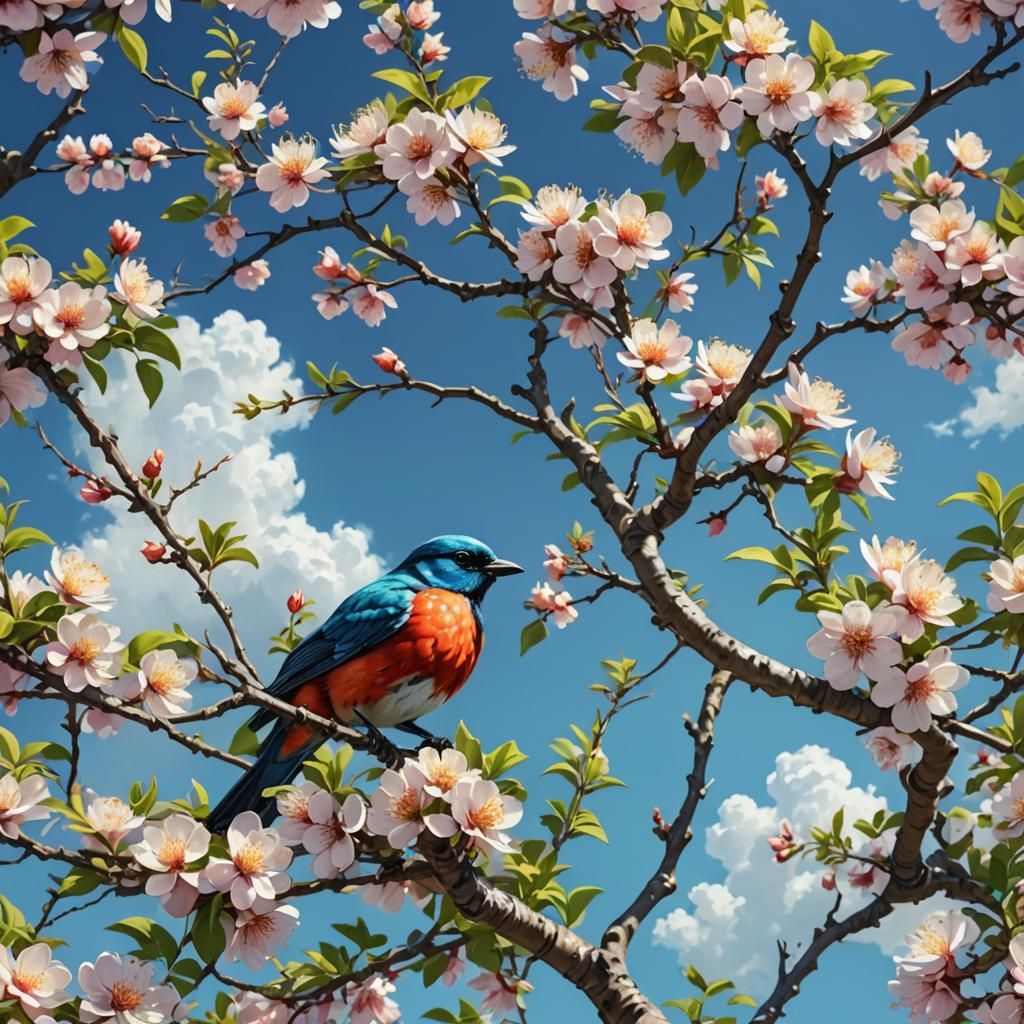 Blossom Tree Bird in Neo-Impressionistic Style