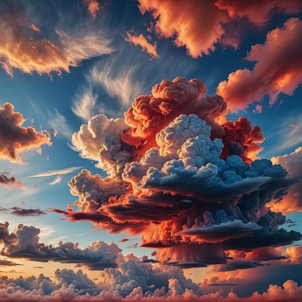 Surreal Red and Blue Cloudscape in Abstract Expressionist St...