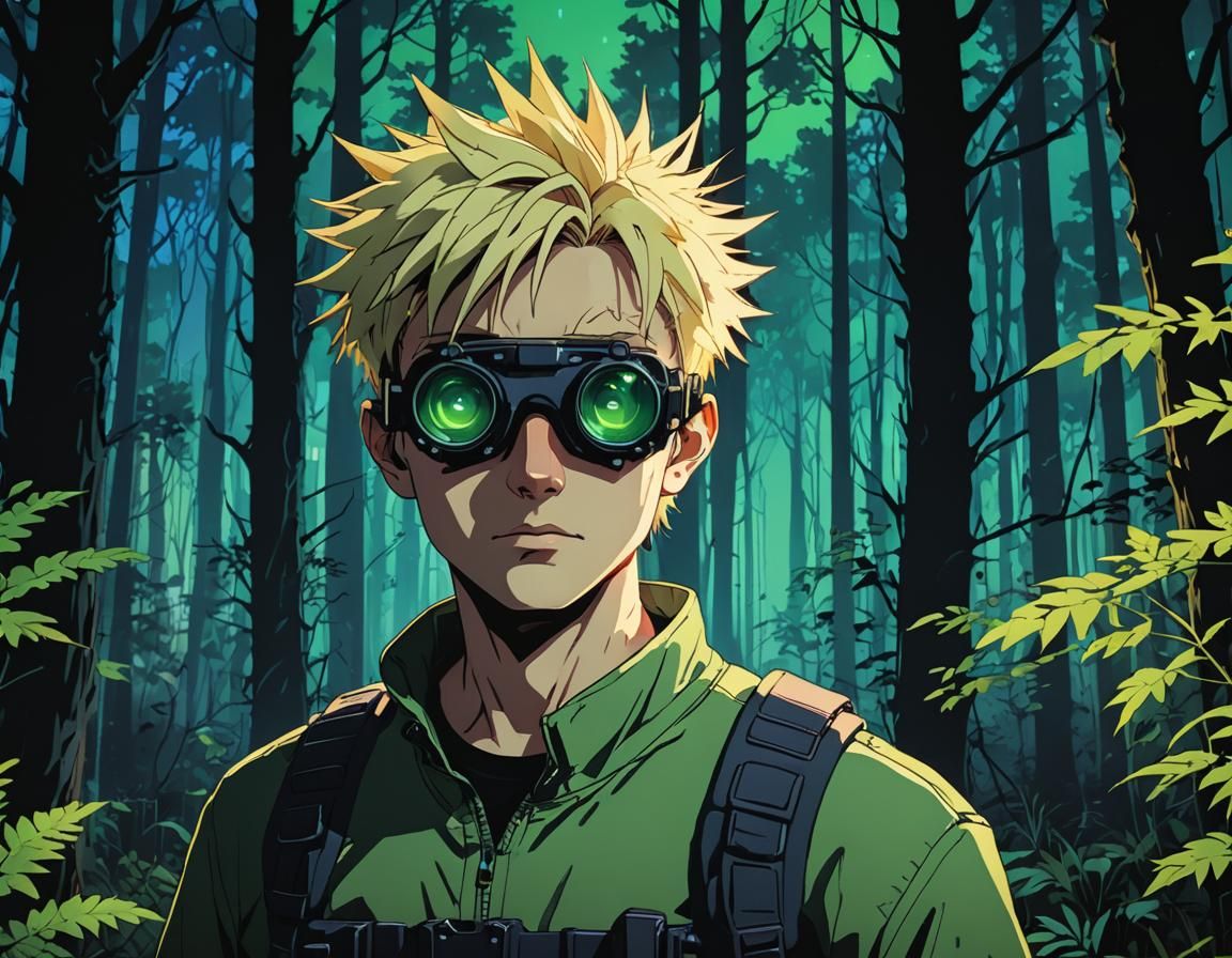 Anime Man Explores Neon Forest with Night Vision