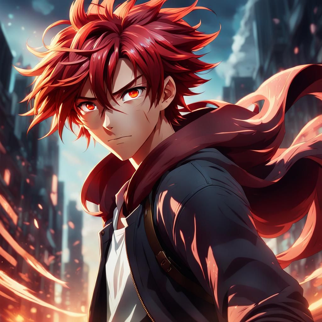 Heroic Red-Haired Boy in Vibrant Anime Art
