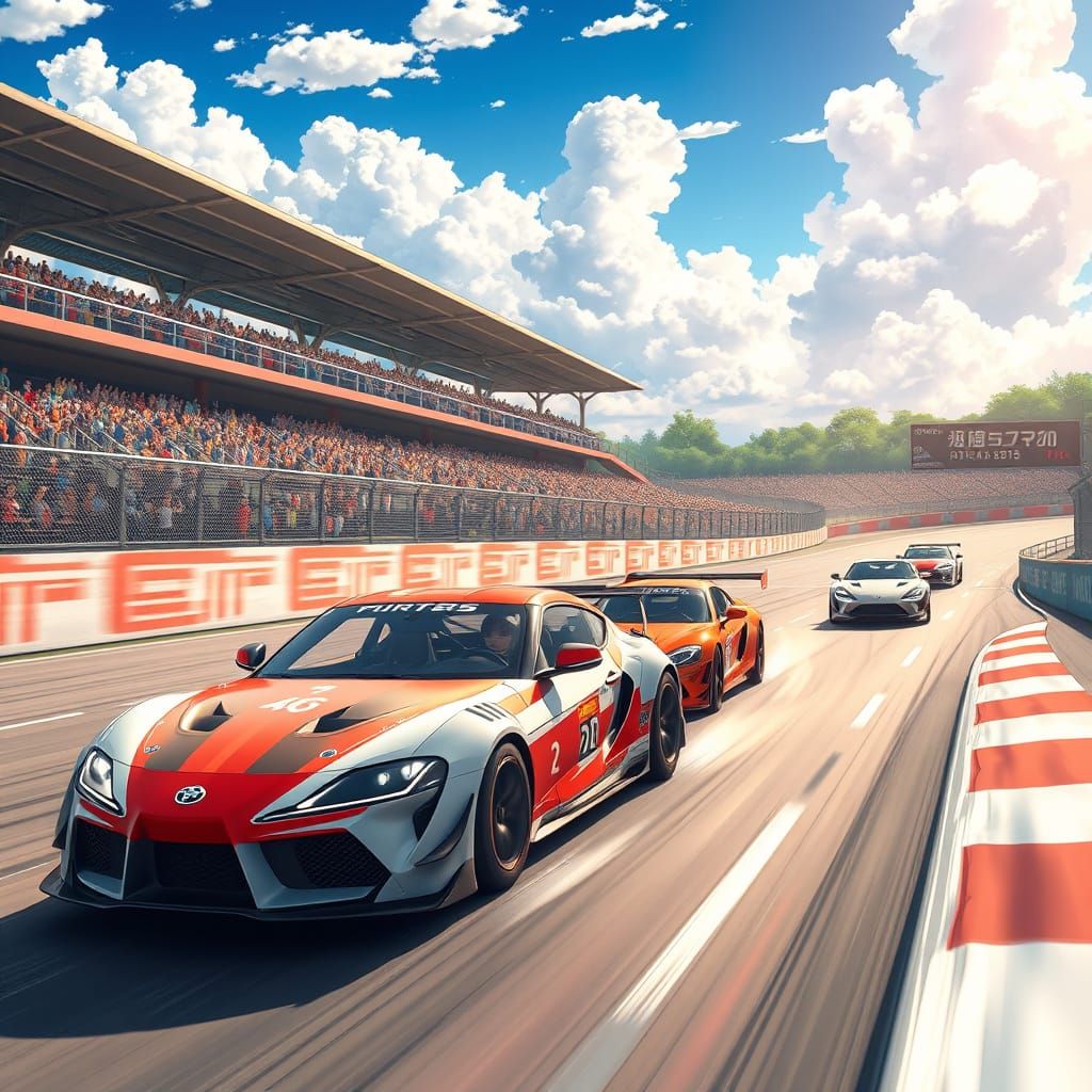 Surreal Anime Racing Scene with Neko Girls and Japanese Spor...