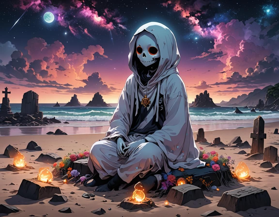 Emo Punk Ghost on Beach Graveyard in Anime Style