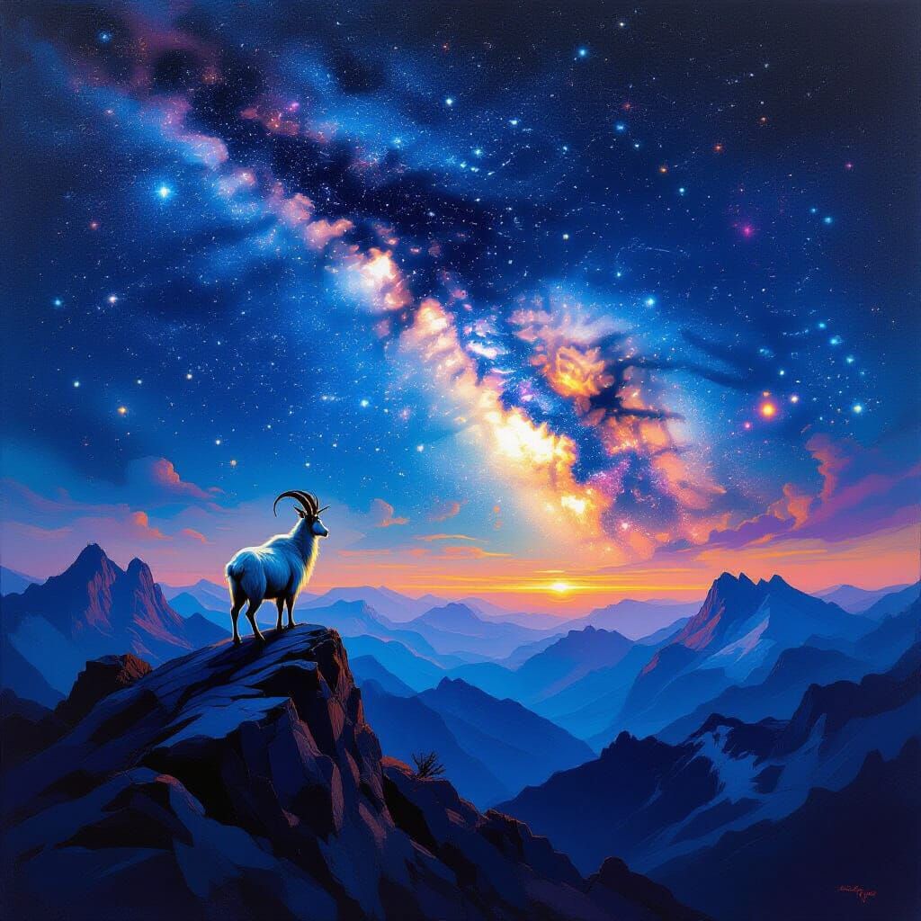 Mountain Goat Gazes at Nebula in Surreal Impasto Style