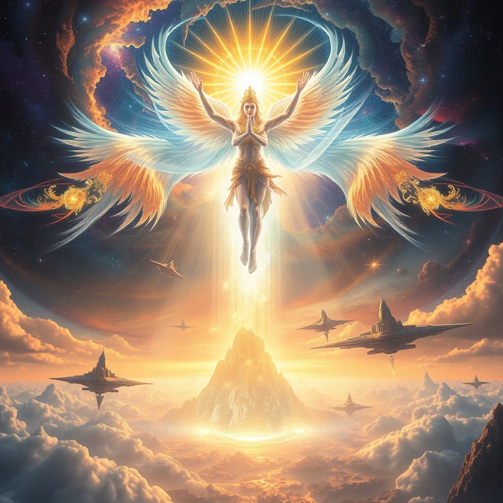 Cosmic Balance: Radiant Energy and Ascending Gods in a Shimm...