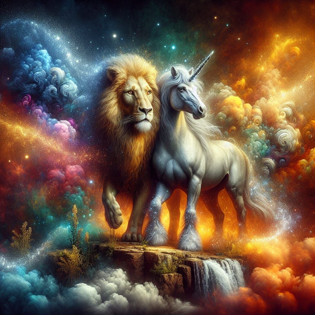 Imagine a large magical heraldic folden male Lion and silver Unicorn standing and embracing. Magical light with silver a...