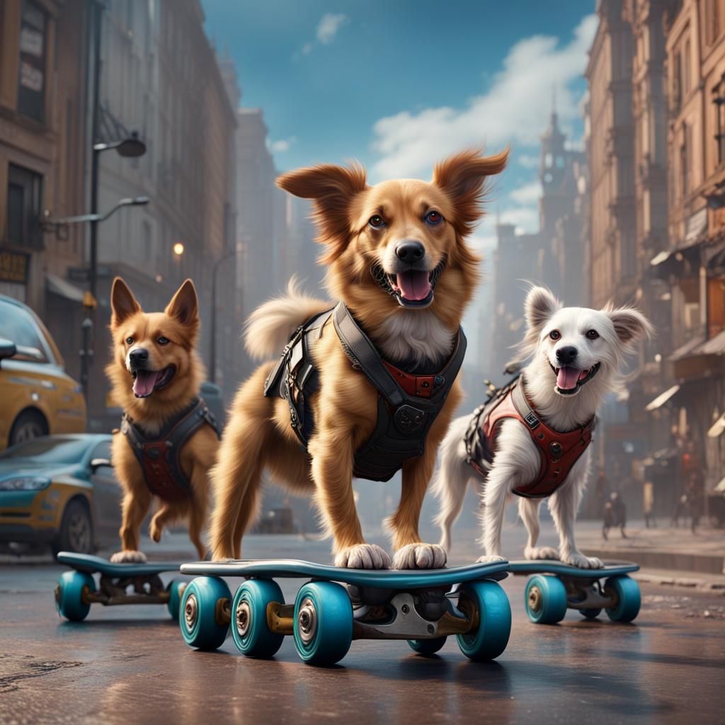 Dogs on Roller Blades in Detailed Matte Painting Style