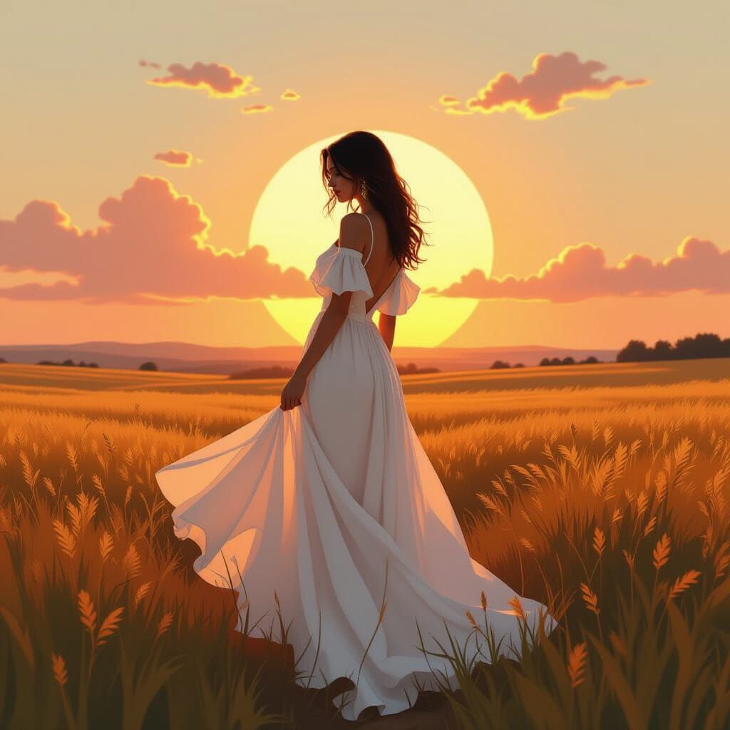 Woman in Golden Landscape, in Surrealist Style