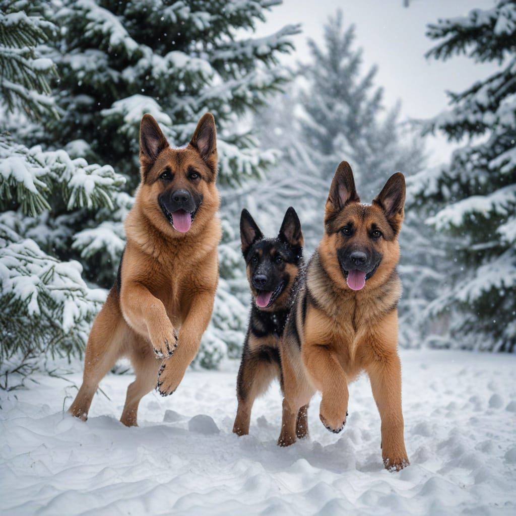 Joyful German Shepherd Pups in Whimsical Winter Wonderland