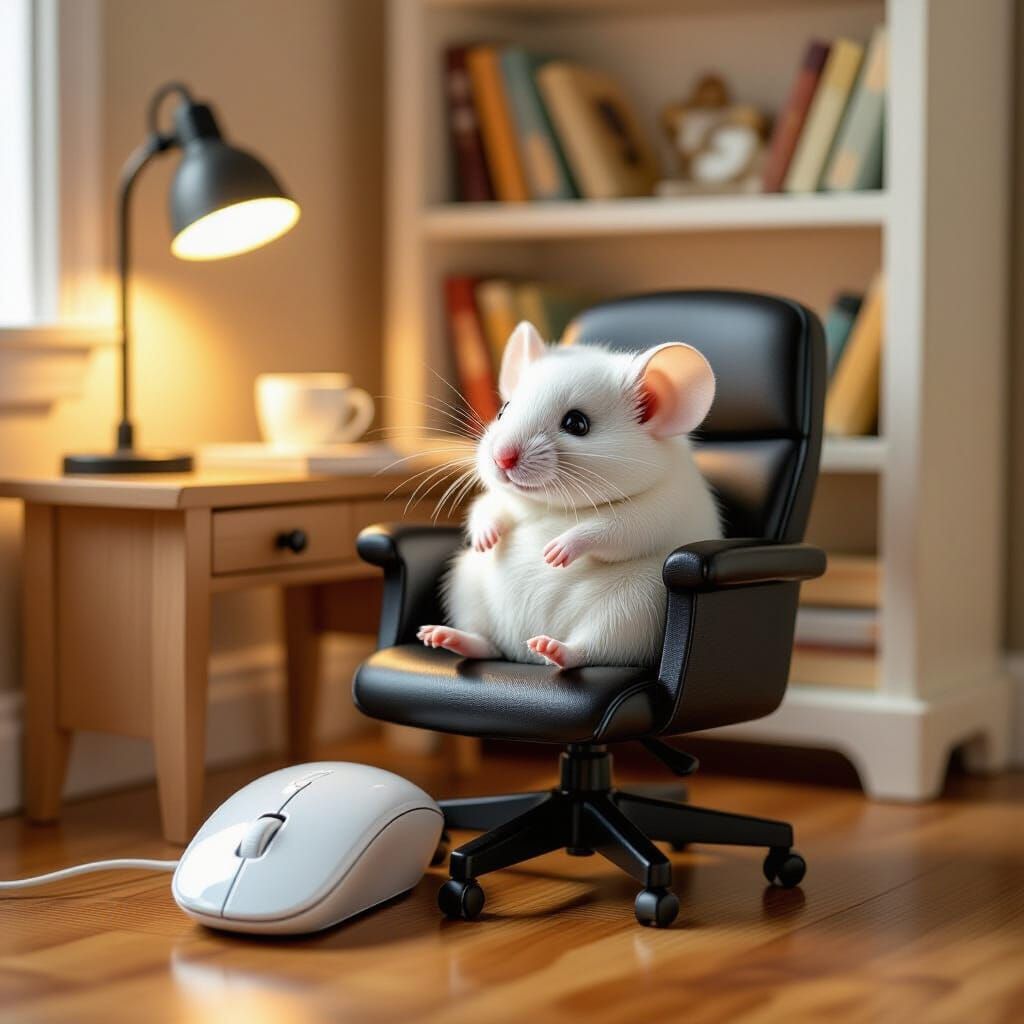 Cozy Mouse Study in Computer Mouse, Whimsical Style
