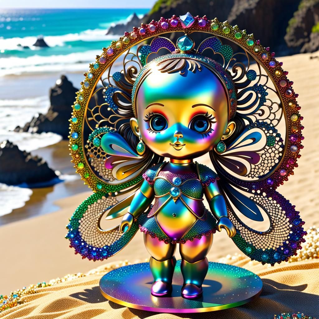 Rainbow Metallic Baby Sculpture on Beach