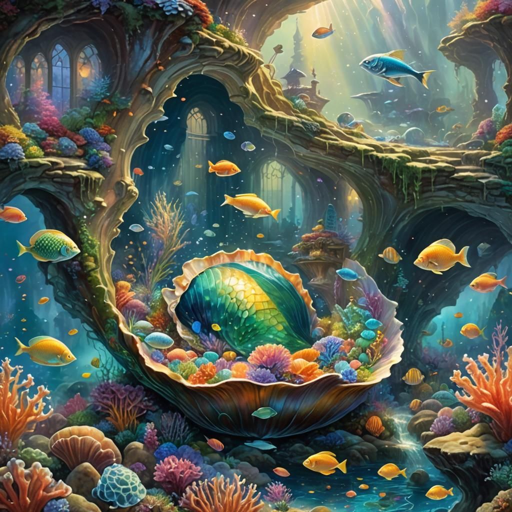 Luminescent Mermaid in Clam Shell: Ethereal Fantasy Art