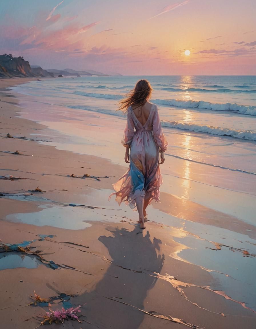 Sunset Beach Dreamscape in Folk Art Style