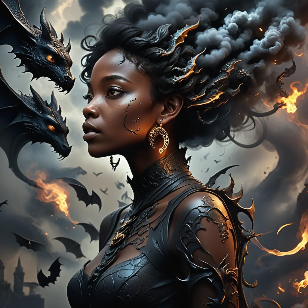 Dark Fantasy: Ebony Woman with Dragons in Mind